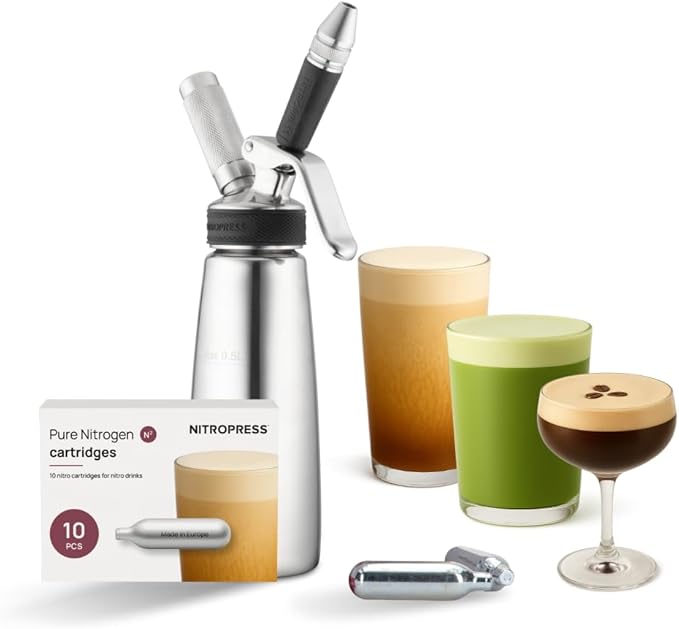 Original NitroPress - Nitro Cold Brew Coffee Maker Kit | Includes 10 Nitrogen Cartridges | Portable Infuser for Smooth Nitro Drinks Cold Brew Cocktails &amp Tea at Home or On the Go