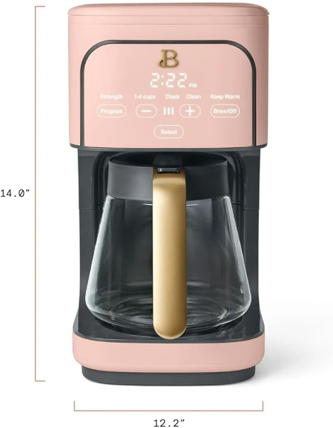 B- 12-Cup Programmable Coffee Maker with Touch-Activated Display Auto Brew Timer Reusable Filter &amp Large Glass Carafe (Rose)