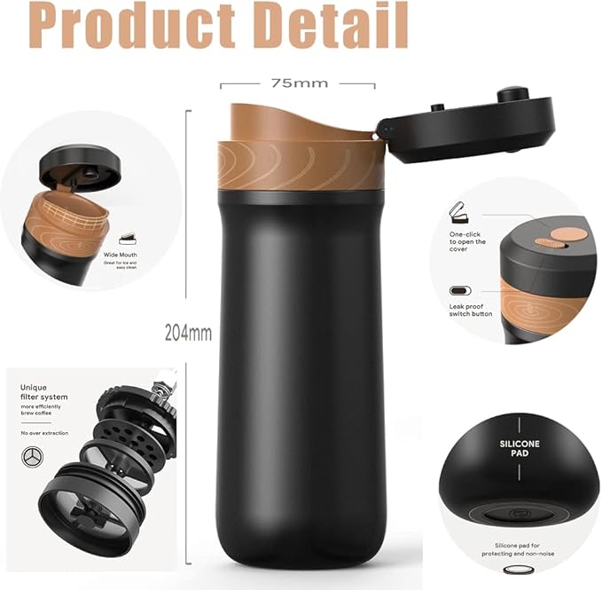 Sesama Classic Portable French Press Coffee Mug 12 oz with Carry Loop Stainless Steel French Press Coffee Maker BPA Free Great for Camping and Travel