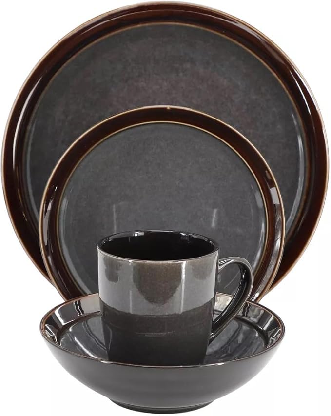 Priya 16 Piece Reactive Glaze Stoneware Dinnerware Set Service for 4 Plates and Bowls Microwave &amp Dishwasher Safe (Gray)