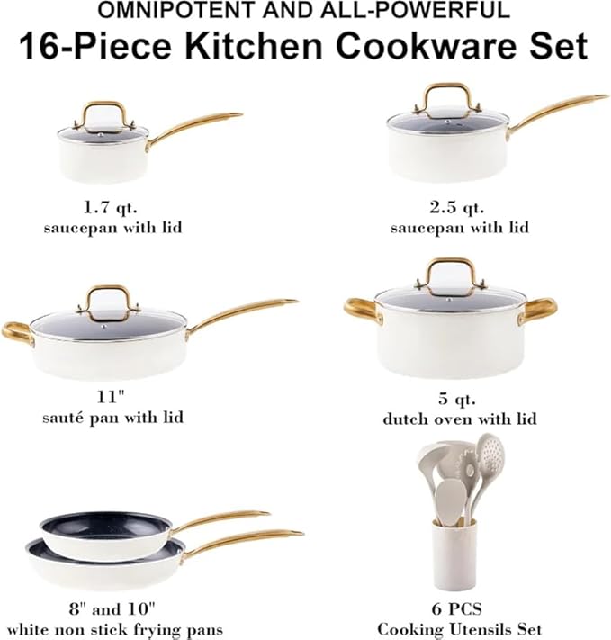 Pots and Pans Set Kitchen Cookware Sets Cookware Set with Oven Frying Pan Cooking Utensils SetA16 Pc