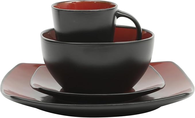 16-Piece Soho Lounge Square Stoneware Dinnerware Set – Bold Colors &amp Modern Design – Microwave &amp Dishwasher Safe (Red)