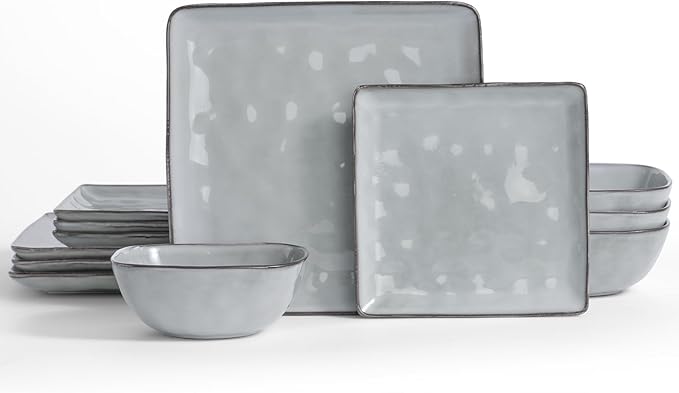 Famiware Ocean Square 12 Pieces Dinnerware Set + 6 Pieces Oval Dipping Bowl Set Microwave and Dishwasher Safe Grey