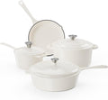 Kitchen Academy Enameled Cast Iron Cookware Sets - 7Pcs Pots and Pans Set Non Stick &amp Non Toxic Induction Cooking Pots Set PFOA&ampPFAS Free(Beige)