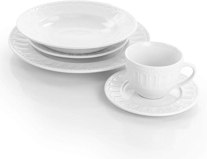 20 Piece White Porcelain Dinnerware Set with Mugs and Saucers – Embossed Arched Design Service for 4 Microwave &amp Dishwasher Safe