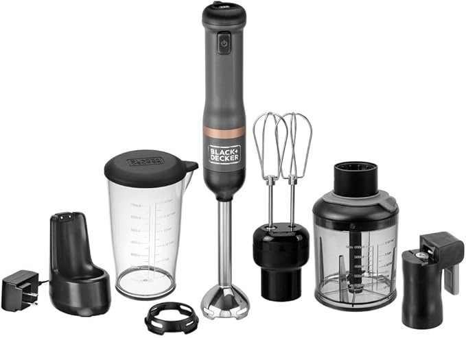 BLACK+DECKER Kitchen Wand Cordless Immersion Blender 4 in 1 Multi Tool Set Hand Blender with Charging Dock Grey (BCKM1014K01)