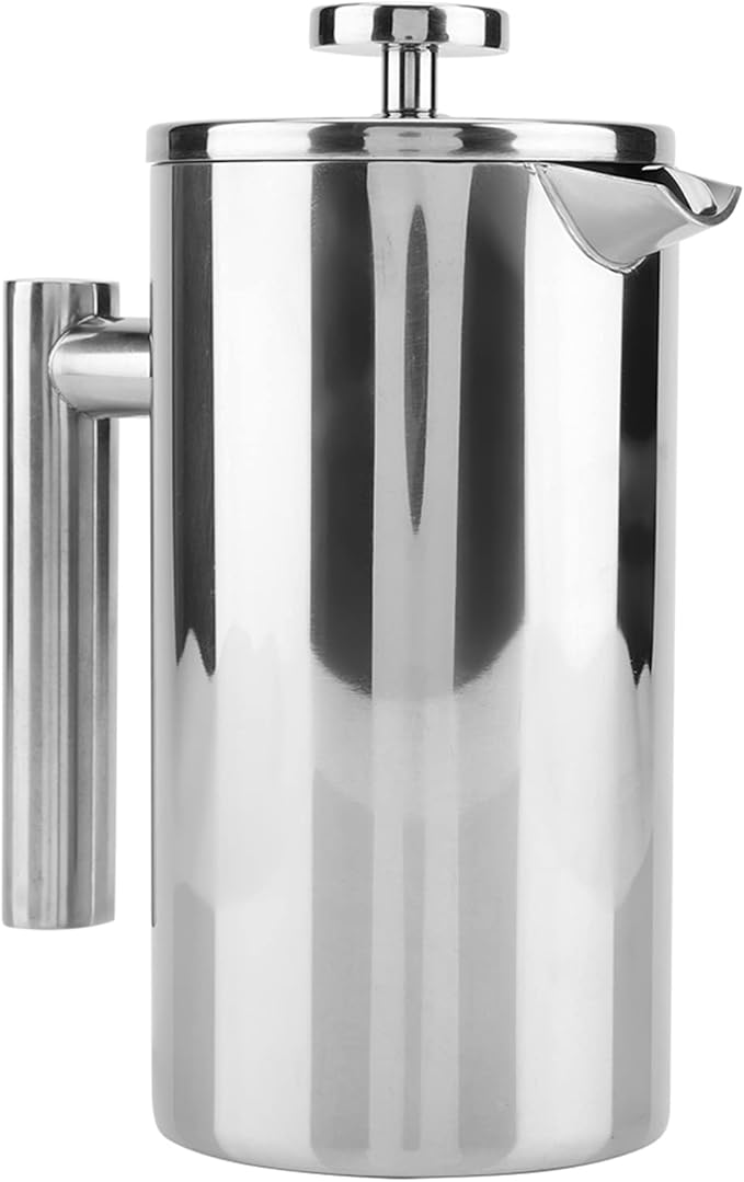 Stainless Steel Coffee Maker French Press Tea Pot with Filter Double Walled Insulation Kitchen Addition Pouring Office Home Silver (1000ML)
