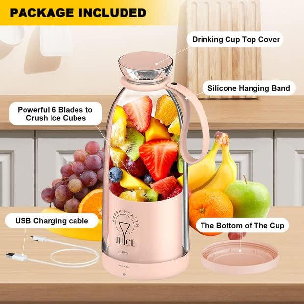 Portable Blender 500ML Personal Blender for Shakes and Smoothies Personal Size Blender Traveling Fruit Veggie Juicer Cup USB Rechargeable with Six Blades for Sports Travel and Outdoors (pink)