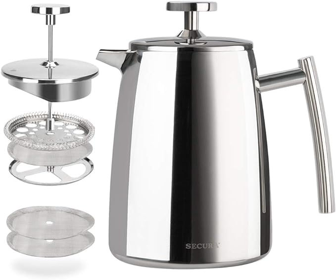 Secura French Press Coffee Maker 17-Ounce 304 Stainless Steel Insulated Coffee Press with Extra Screen