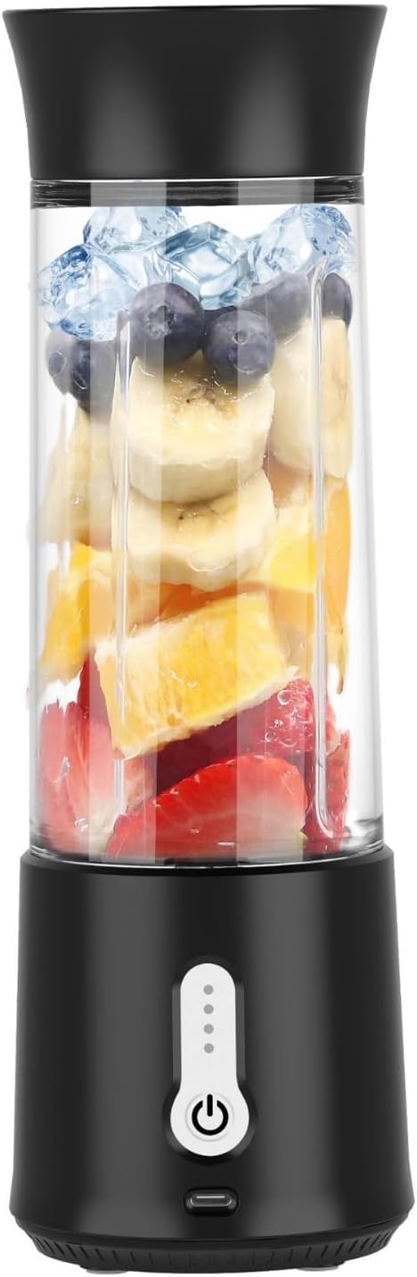 Portable Blender with USB Charging Personal Size Smoothie Maker 500ml Glass Cup 304 Stainless Steel Blades (black)