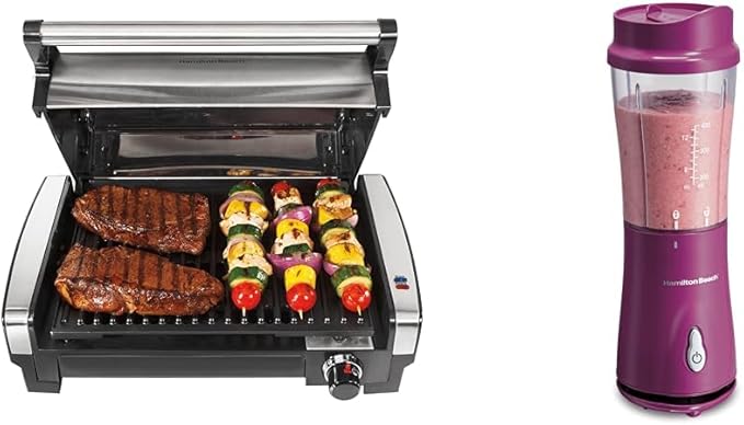 Hamilton Beach Electric Indoor Searing Grill with Adjustable Temperature Control to 450F &amp Portable Blender for Shakes and Smoothies with 14 Oz BPA Free Travel Cup and Lid