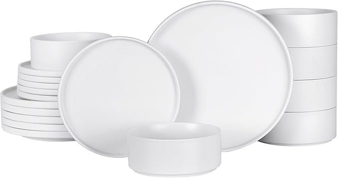 GZG Classic Series - Plates and Bowls Set for 6 18 Piece Stoneware Dinnerware Sets Microwave and Dishwasher Safe Lead-Free Handcrafted Ceramic Dishes Set - Ivory White