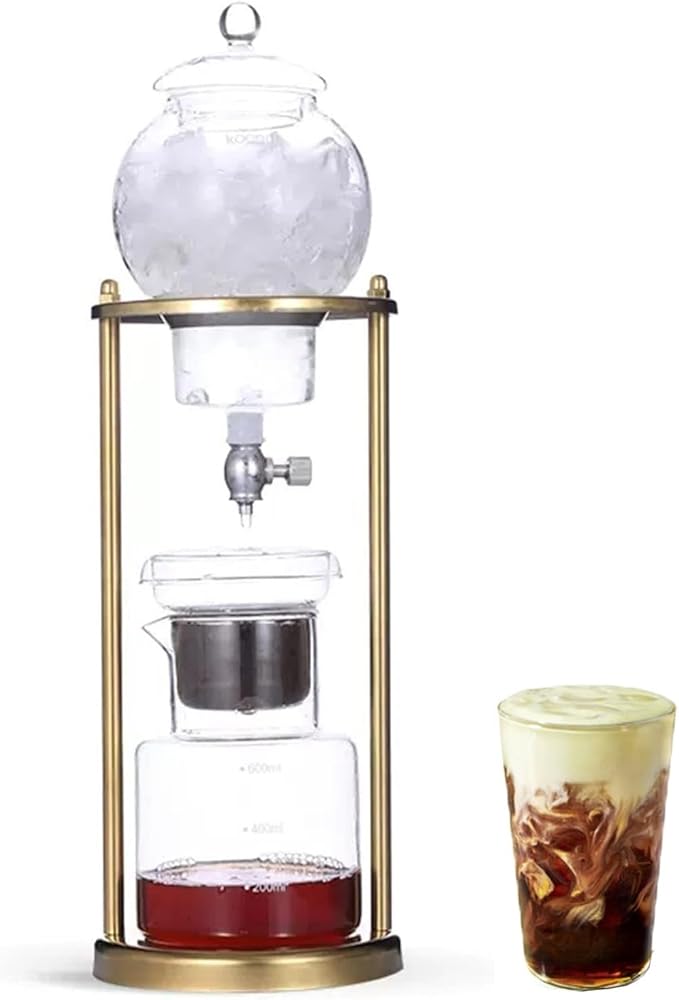 Cold Brew Drip Tower Ice Drip Coffee Maker 600ml/20.29oz Capacity Cold Brew Drip Tower Coffee Maker with Stainless Steel Frame DIY Ice Coffee Brew Tower for Coffee and Tea(Gold)