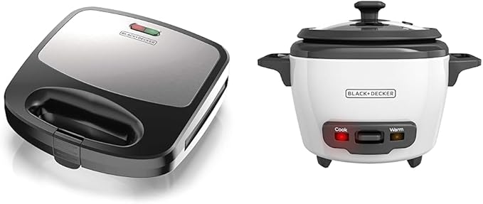 Black+Decker 3-in-1 WM2000SD 3-in-1 Waffle Grill &amp Sandwich Maker Compact Design Black/Silver &amp Rice Cooker 3 Cups Cooked (1.5 Cups Uncooked) with Steaming Basket Removable Non-Stick Bowl