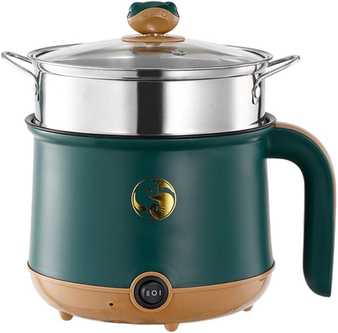 Electric Hot Pot Electric Sauté Pan 600W Food Grade Stainless Steel Cooker with Power Adjustment 1.8L for Rice Shabu Noodles Soup Ramen Steaming Basket (Green)