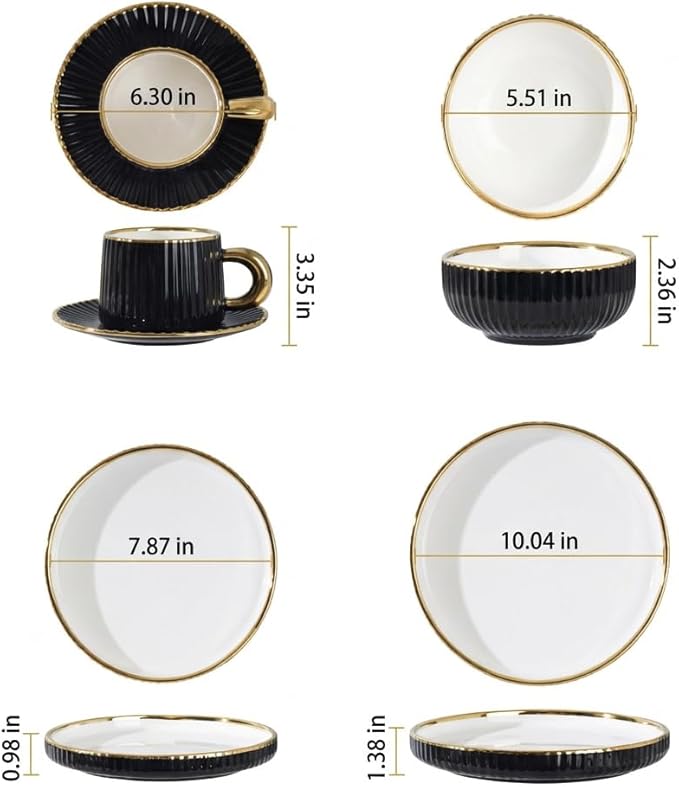 Luxury Black and White Porcelain Dinnerware Set 16 Piece Gold Rim Fluted Rim Design Service for 4 with Plates and Bowls Cups Saucers Dishwasher &amp Microwave Safe Modern (Black)