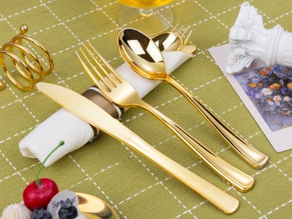 Nervure 400PCS Pre Rolled Gold Plastic Silverware Sets - Heavy Duty Gold Cutlery - Include 100 Pack Wrapped Disposable Utensils with Napkins for Parties Dinners &amp Weddings
