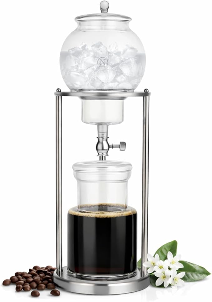 Nispira Luxury Ice Cold Brew Dripper Coffee Maker in Stainless Steel and Borosilicate Glass 1000 ml Silver