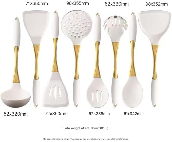 8-Piece White Kitchen Utensil Set with Gold Handles Stainless Steel Cooking Tools Includes Spatulas Ladle Spoons for Nonstick Cookware (Gold and White)