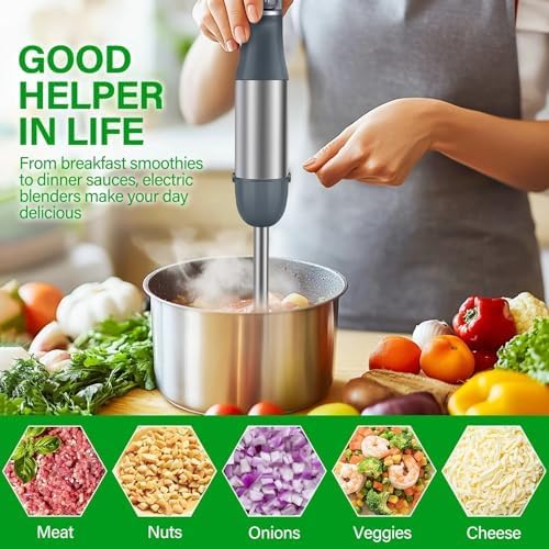 Immersion Blender Handheld 1100W 3-in-1 Corded Stick Blender with Speed Control Includes Whisk and Milk Frother Attachments Perfect for Soups Smoothies and Purees
