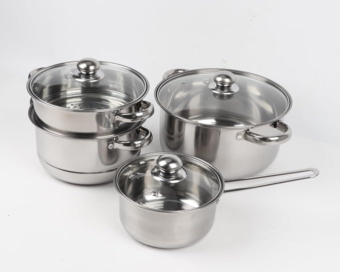 Pots and Pans Set Stainless Steel Cookware Set 7 Piece Induction Ready Kitchen Cooking Set Includes Saucepans Stockpot Steamer &amp Strainer Basket Glass Lids Dishwasher &amp Oven Safe 500F