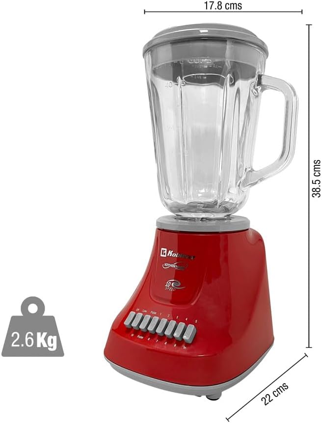 Koblenz LKM-5970 VR Blender 500W Motor 51 Oz. Glass Jar 10-Speed Blender for Smoothies Milkshakes Purees 4 Stainless Steel Blades Metal Coupling Home and Kitchen Appliances Red