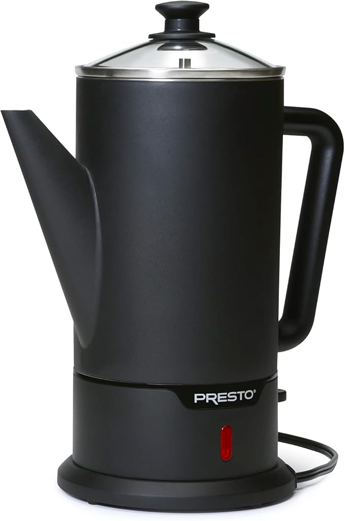 Presto 02815 12-Cup Cordless Coffee Percolator - Stainless Steel Modern Design Easy Pour Spout Stay-Cool Handle Matte-Black