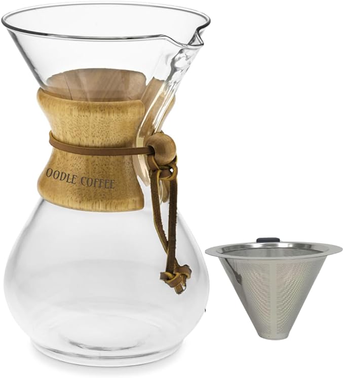 Pour Over Coffee Maker Wood and Glass 600ml with Stainless Steel Filter 5 x 9 inches