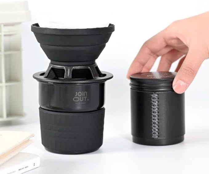Portable Pour Over Coffee Maker Set with Carrying Case Collapsible Silicone Dripper 304 Stainless Steel Filter Cup V60 Compatible Black Outdoor Camping Travel Kit (Black with Cone Filter)