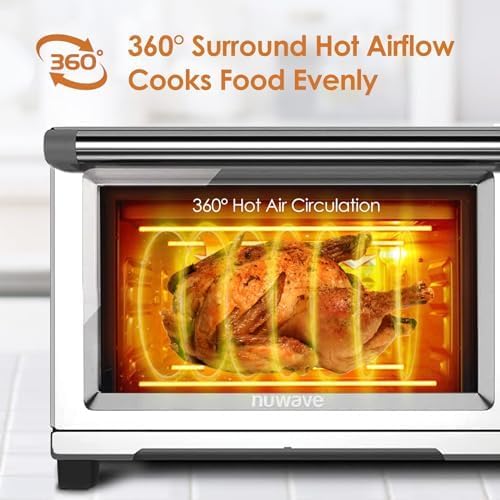 Nuwave Bravo Air Fryer Toaster Smart Oven 12-in-1 Countertop Convection 30-QT XL Capacity 50°-500°F Temperature Controls Top and Bottom Heater Adjustments 0%-100% Brushed Stainless Steel Look