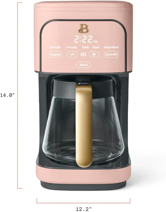 12 Cup Programmable Coffee Maker 24 Hour Auto Brew Touch Display Bold Strength Control Glass Carafe Reusable Filter Auto Shut Off (Rose)