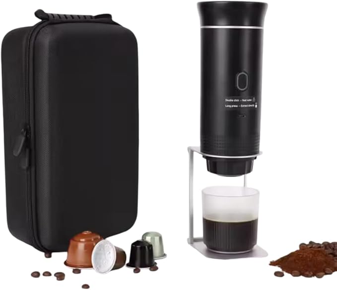 Portable Espresso Coffee maker for Travel with case – Self-Heating Travel Coffee Maker with USB-C Compatible with Ground Coffee NES &amp DG Capsules | Ideal for Camping Car Office &amp Hiking