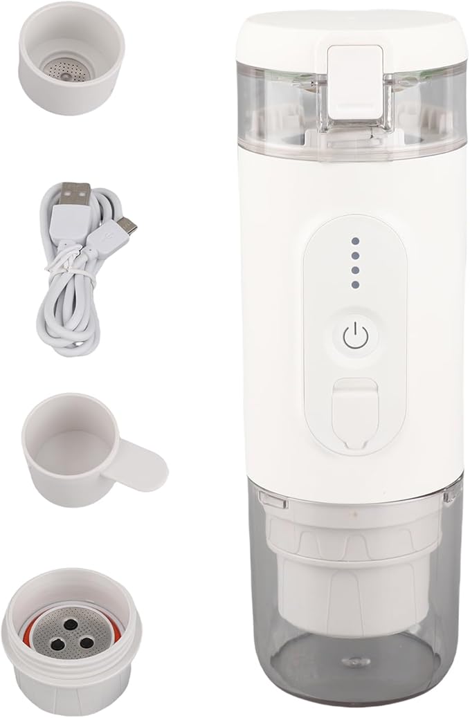 Akozon Portable Electric Coffee - Cordless Mini Traveler Maker with 2-IN-1 Coffee Capsule &amp Powder Bin 18Bar Pump Pressure 2500mAh Battery (White)