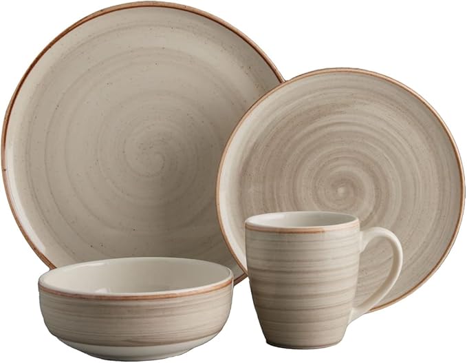 Corona 16-piece Rustic Aestethic Hand-Painted Versatile Ceramic Dinnerware Sets | Plates Bowls and Mugs | Service For 4 | Gray Caoba