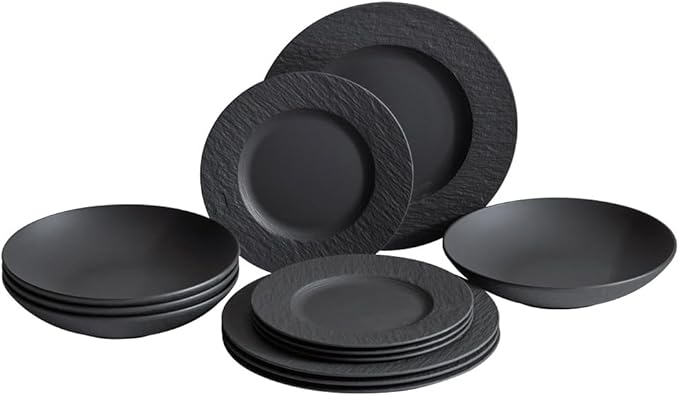 Villeroy &amp Boch Manufacture Rock 12-Piece Dinnerware Set Service for 4 Dinner Plates Salad Plates &amp Pasta Bowls Premium Porcelain Made in Germany Matte Black