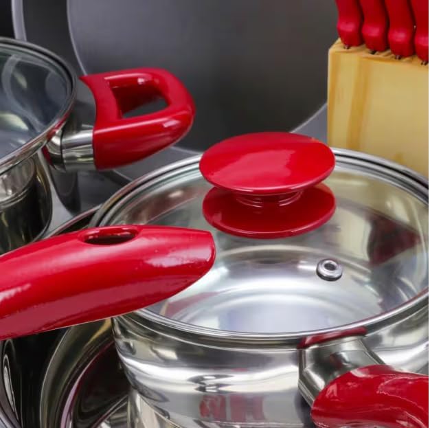 22-Piece Nonstick Cookware and Bakeware Set with Utensils – Kitchen Combo Set with Pots Pans Lids – Red Aluminum Cookware with Heat Resistant Handles