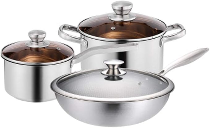 Cookware 3pcs/Set Stainless Steel Cookware Set Flat Bottom Frying Pan Soup Pot Milk Pot Kit Induction Cooker Cooking Pan for Home