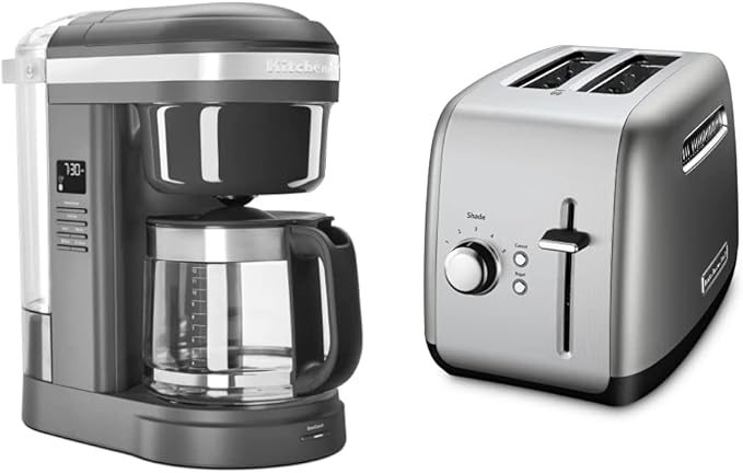 KitchenAid 12 Cup Coffee Maker with Spiral Showerhead (KCM1208DG) and 2 Slice Toaster for Bagels and More (KMT2115) Silver