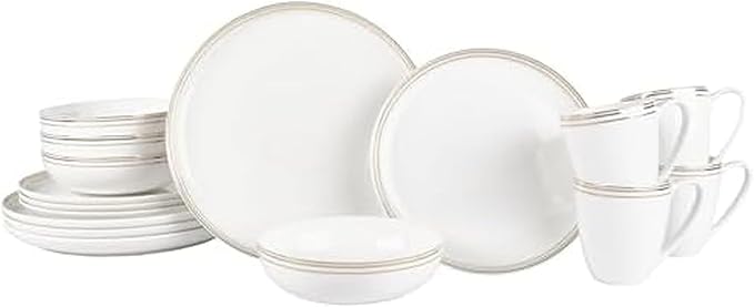 Everyday White by Fitz and Floyd Nevaeh Bone China Coupe Gold Bands Dinnerware Set Service for 4