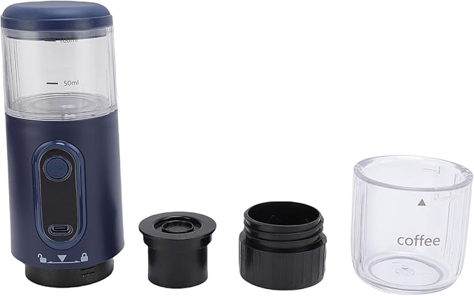 Portable Coffee Maker Espresso Machine for Coffee Capsules &amp Grounds Rechargeable Travel Capsule Espresso Machines for Outdoor Car Camping Hiking (Navy Blue)
