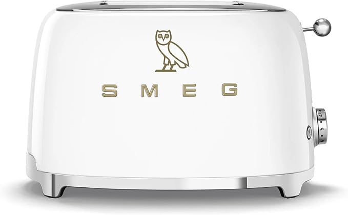 Smeg 2-Slice Toaster Stainless Steel OVO Collection Two Slice Toaster with 6 Presets and Removable Crumb Tray (Glossy White) (Renewed)