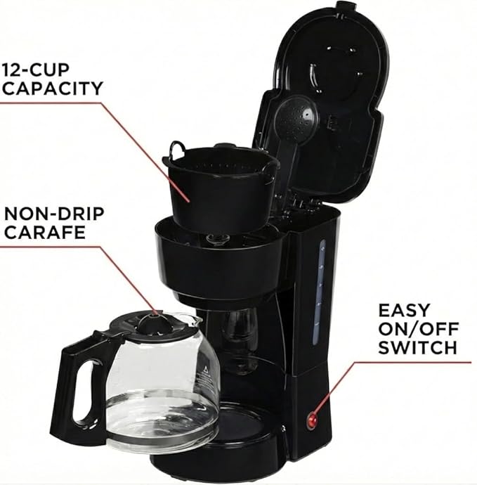 12-Cup Coffee Maker with Easy On/Off Switch Easy Pour Non-Drip Carafe with Removable Filter BasketKeep Hot PlateClear Water Level Window Coffee Machine Black (Black)