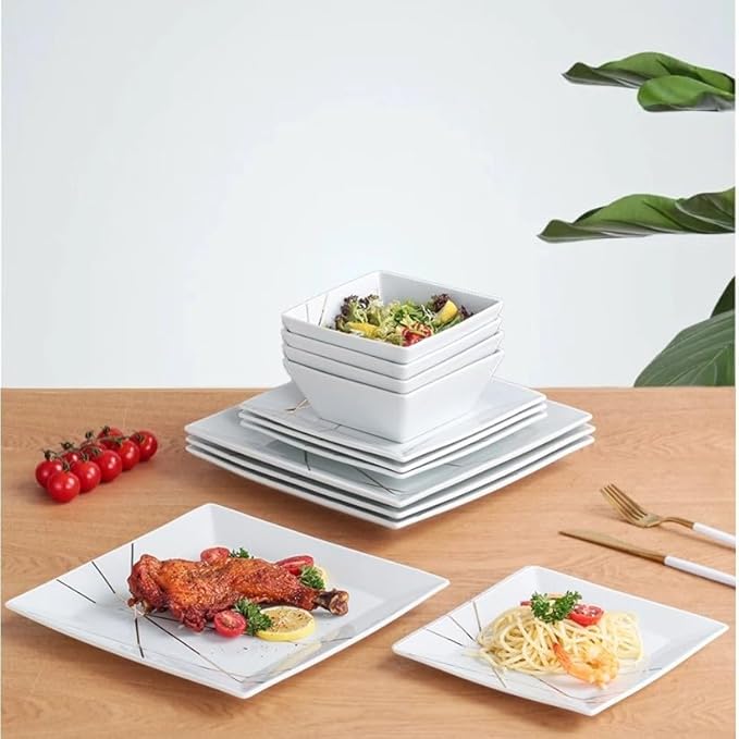 DOMINI 12-Piece Kitchen Dinnerware Set Service for 4 Porcelain Dishes Dinner Set Square Dinnerware Sets with Dinner Plates Dessert Plates and Pasta BowlsWhite gold line