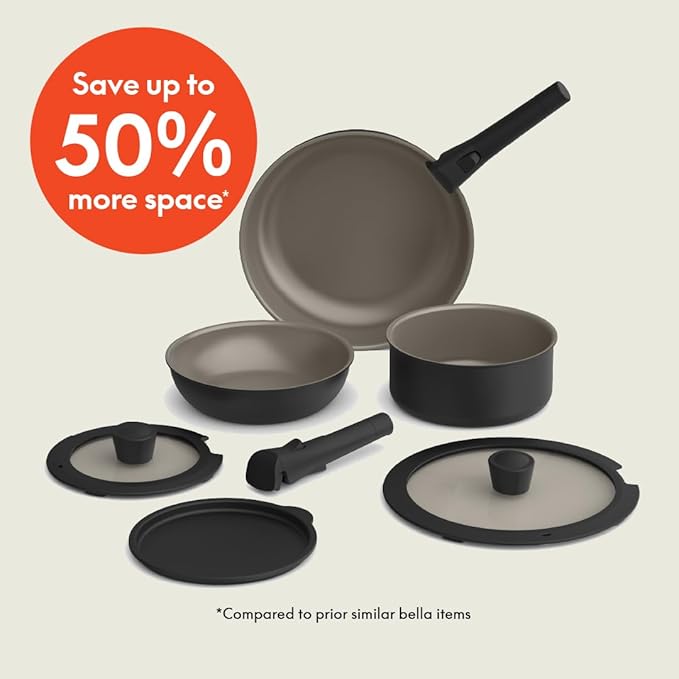 bella 8 Piece Removable Handle Cookware Set Fits-anywhere™ Kitchenware w EverGood™ Ceramic Nonstick Coating Dishwasher &amp Oven Safe All Stovetops Compatible Glass Lids with Silicone Rims Blac