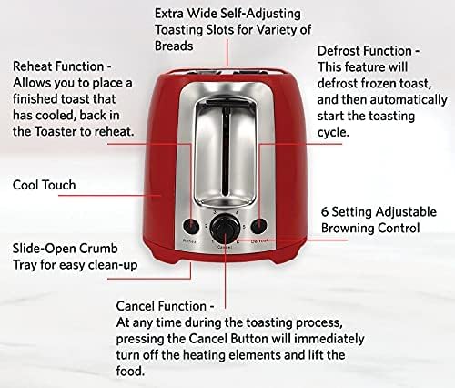 EUROSTAR ET751R 2-Slice Cool Touch Wide-Slot Toaster Red