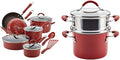 Rachael Ray Cucina Nonstick Cookware Pots and Pans Set 12 Piece Cranberry Red &amp Cucina Nonstick Sauce Pot/Saucepot with Steamer Insert and Lid 3 Quart Cranberry Red