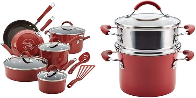 Rachael Ray Cucina Nonstick Cookware Pots and Pans Set 12 Piece Cranberry Red &amp Cucina Nonstick Sauce Pot/Saucepot with Steamer Insert and Lid 3 Quart Cranberry Red
