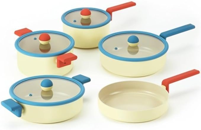 Danish 9-Pieces Forged Cookware Set with Lid Kitchen Nonstick Ceramic Coating Pot Saucepan Skillet Multi Frying Pan Induction Compatible Kitchenware Soup Noodle Stew Tamagoyaki Made in Korea