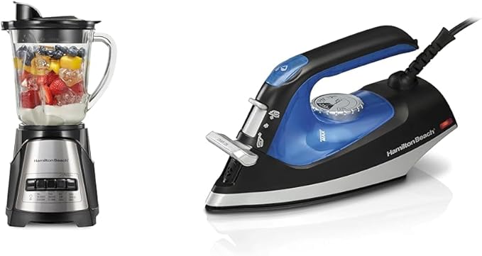 Hamilton Beach Power Elite Wave Action Blender For Shakes and Smoothies Puree Crush Ice &amp 2-in-1 Iron &amp Garment Steamer for Clothes with Continuous Steam Nozzle 5 Temperature