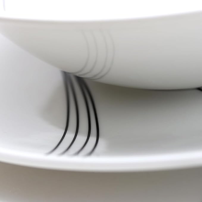 16-Piece Soft Square White Dinnerware Set – Modern Fine China Dish Set with Black Linear Design Service for 4